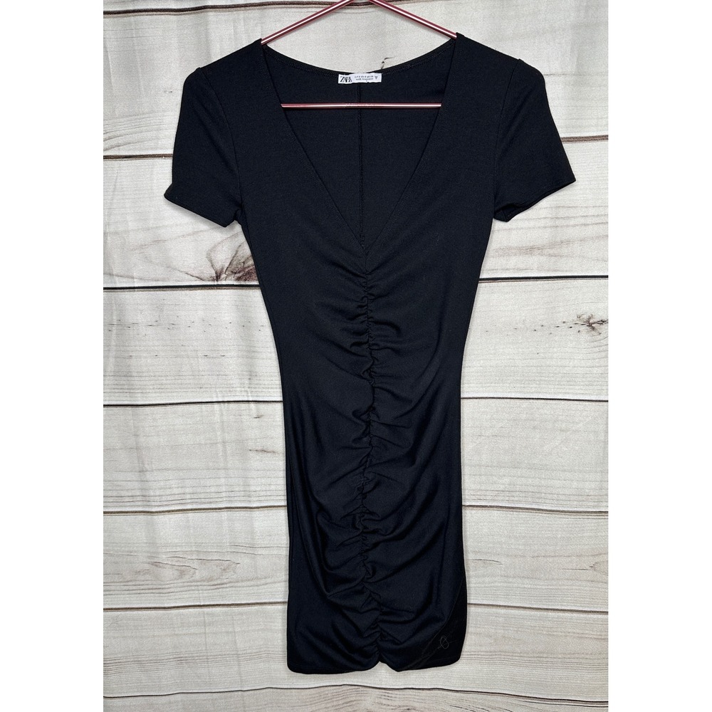 Zara Ruched Bodycon Mini Dress Women Size S Black V-Neck Short Sleeve LBD